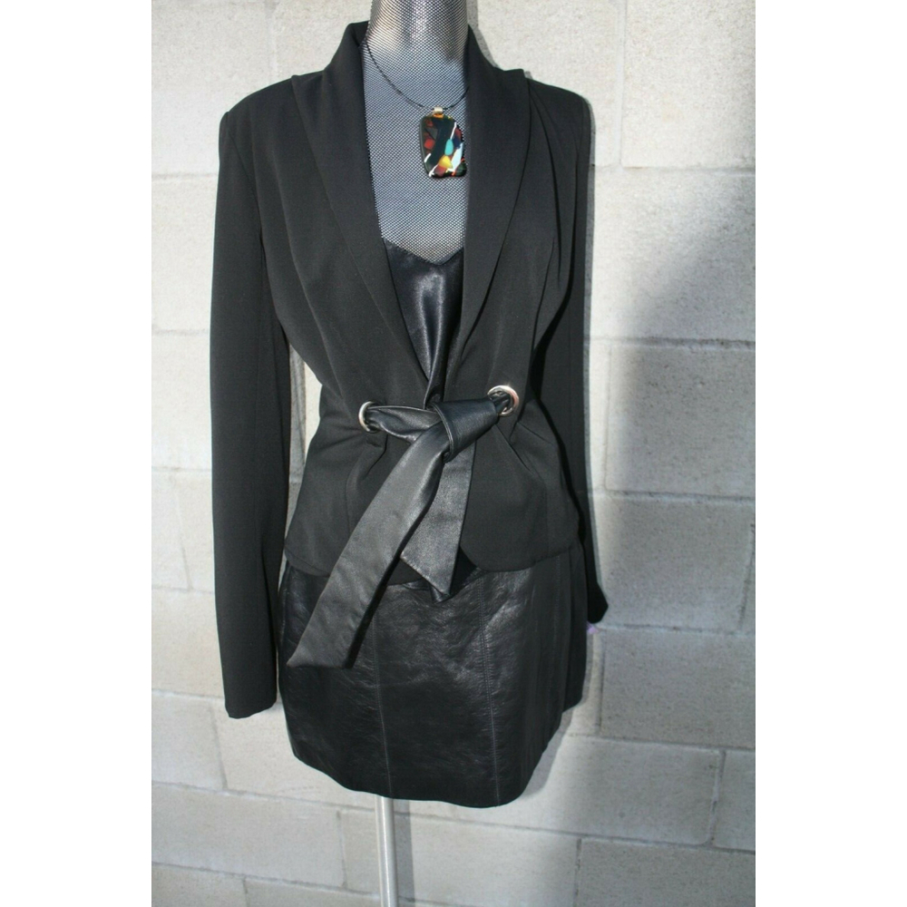 Cache Blazer Black Faux Leather Tie Waist Sz 2